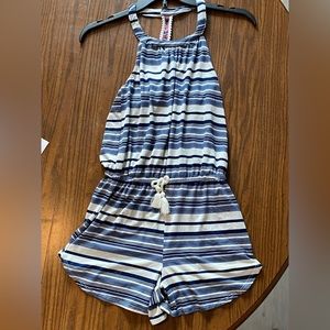 Poof Girl Romper shorts. Navy/white striped. Size Large.